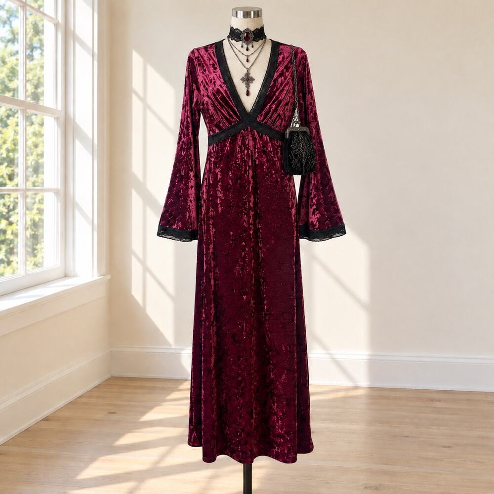 Burgundy Crushed Velvet Maxi Dress Goth Romantic Bell Sleeve Sz.M Sundance